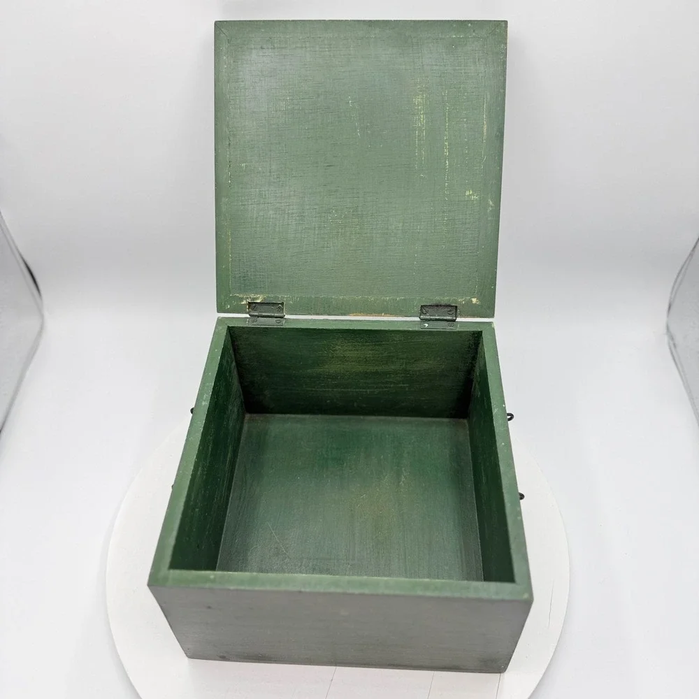 Vintage Wooden Green Lidded Box w/ Tile Mosaic Heart Cottagecore Country Chic